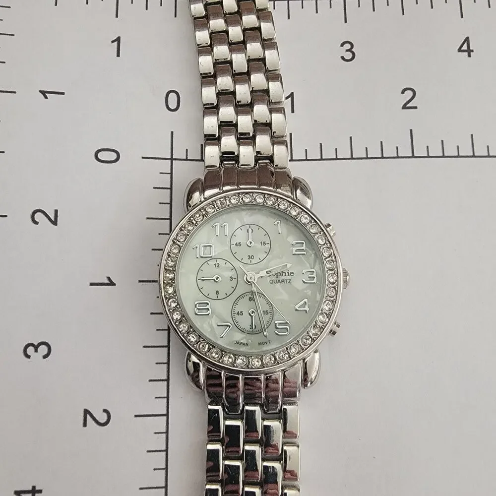 Vintage Sophie Quartz Womens Watch Silver White Dial Crystal Bezel Bracelet